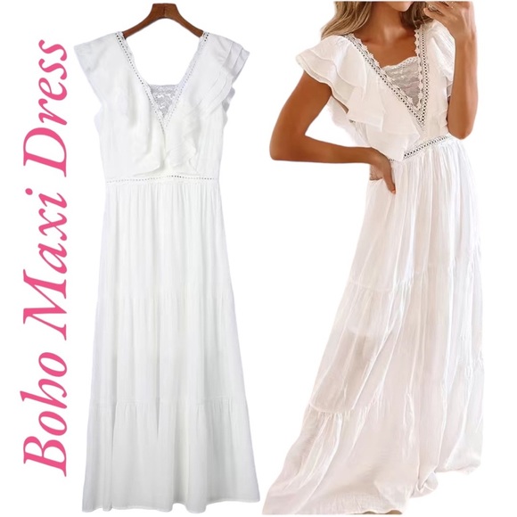 Dresses & Skirts - ✨NEW✨ Boho V-Neck White Ruffled Maxi Lace Feminine Maxi Dress - Women’s XL
